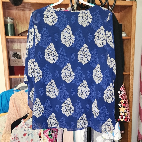 Belle Kim Gravel Blues Yellow WhitePatterned Blouse Kimono Boho Tunic Top Lined - Picture 7 of 7